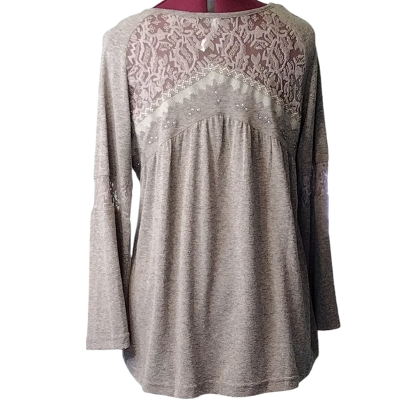 NWOT baby doll smock sheer embroidered lace round neckline Bell sleeves tunic - Picture 3 of 9